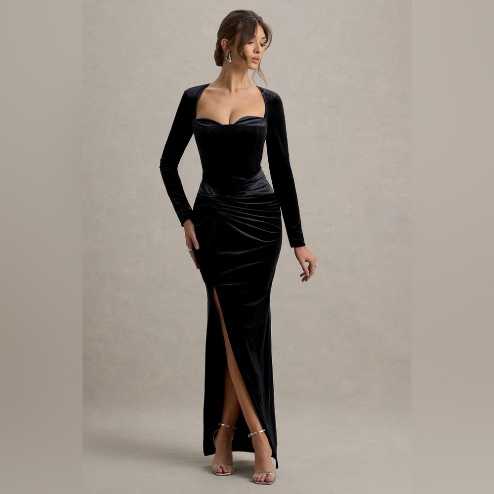 Club L London FAY | BLACK VELVET CORSET STYLE KNOT
MAXI DRESS Size 4 NWT